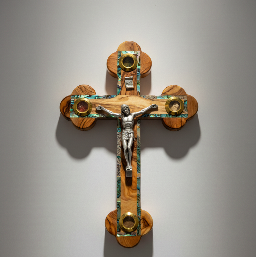 8.7" Crucifix, Wooden Cross with Mother of Pearl, 4 Souvenirs and 14 Stations of Cross on Back