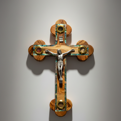8.7" Crucifix, Wooden Cross with Mother of Pearl, 4 Souvenirs and 14 Stations of Cross on Back