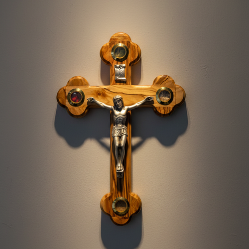 Olive wood crucifix hand carved in Bethlehem, 8.9 inch front view of the olive wood masterpiece