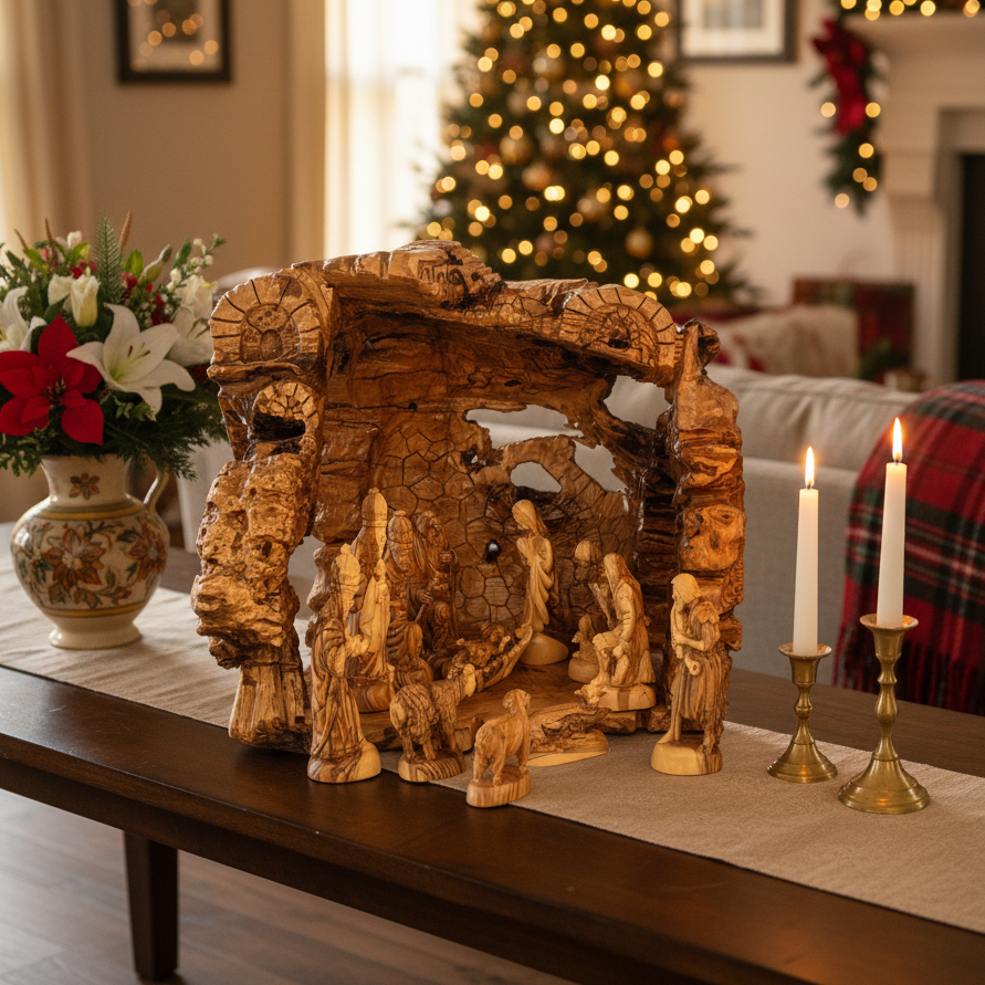 Unique Large Indoor Nativity Scene from Olive Wood in Bethlehem