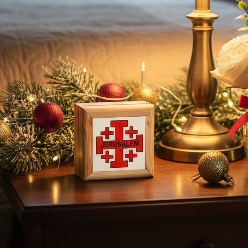 Decorative item with Jerusalem cross design on a wooden surface with Christmas decorations.