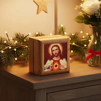 Square Jesus Christ Printed Hand Carved Olive Wood Box