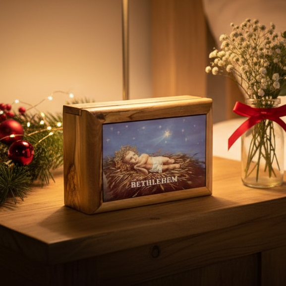 Nativity scene Printed Hand Carved Olive Wood Box (Bethlehem)