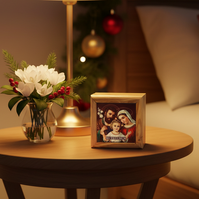 Wooden box with an image of the Holy Family and 'Bethlehem' text on a white background