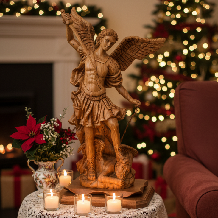 Archangel Michael Masterpiece, 20.1" Wooden Sculpture from Holy Land