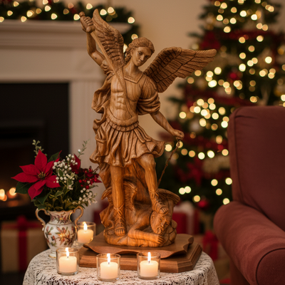 Archangel Michael Masterpiece, 20.1" Wooden Sculpture from Holy Land