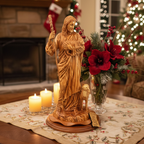 Good Shepherd statue hand carved from Bethlehem olive wood, 18.5 inch front view of the wood masterpiece