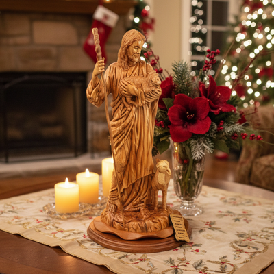 Jesus Christ "The Good Shepherd" Statue, 18.5" Carved Holy Land Wood Sculpture