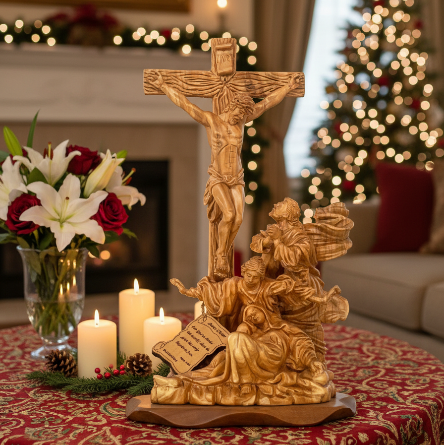 Christ Crucified on Cross with Mary Magdalene and St. John 14.4", Olive Wood Statue