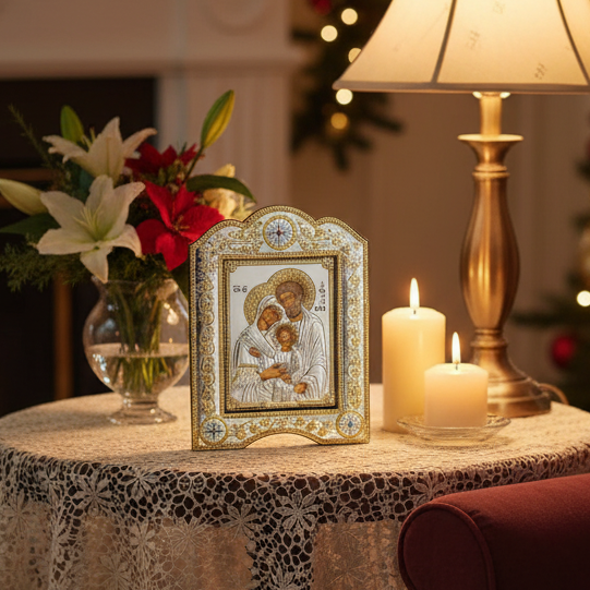 Holy Family Christian icon hand made in Bethlehem, 11 inch front view of the silver masterpiece