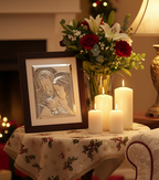 Holy Family with Baby Jesus Christ Silver Icon Wooden Frame