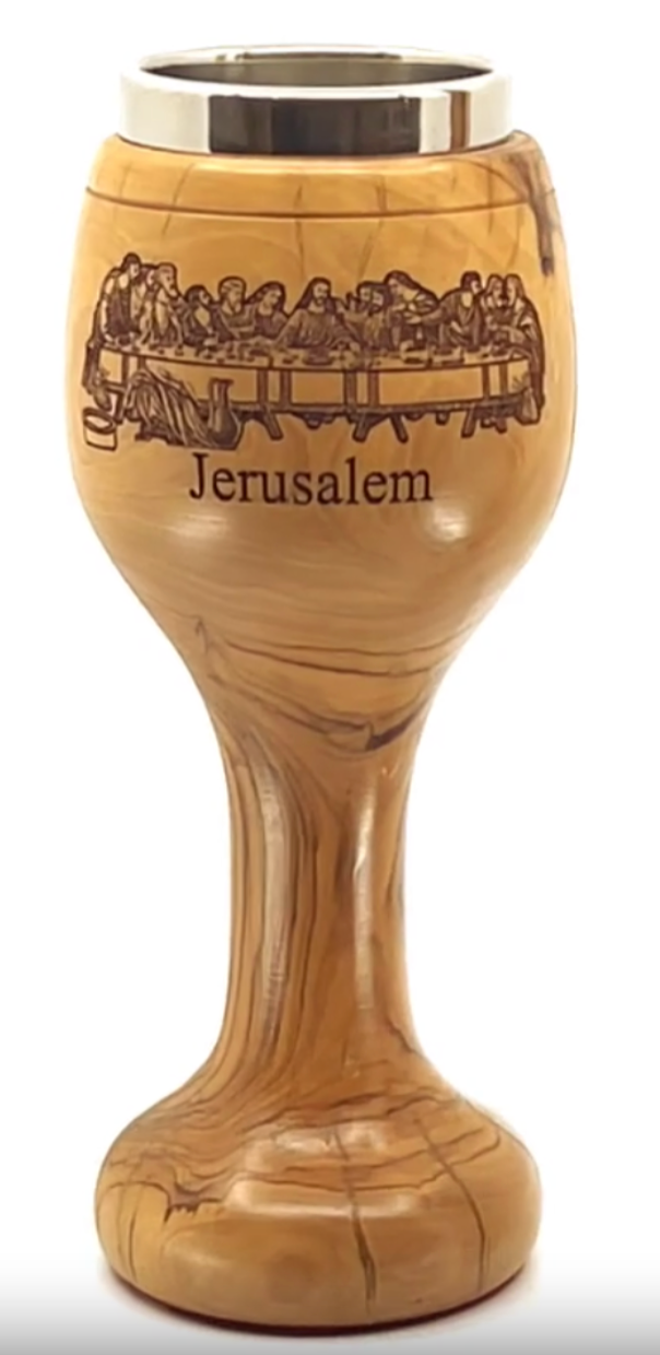 Last Supper olive wood cross from Bethlehem hand carved, side angle of the olive wood sculpture