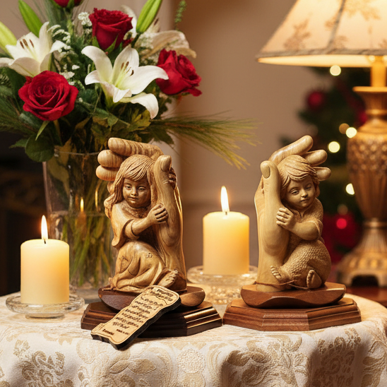 Pair of 2, "Protected by the Hand of God" with Baby Girl and Boy Carvings, 6.5" Olive Wood