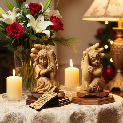 Pair of 2, "Protected by the Hand of God" with Baby Girl and Boy Carvings, 6.5" Olive Wood