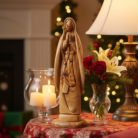 Our Lady of Lourdes, Virgin Mary, 8.7" Olive Wood Statue
