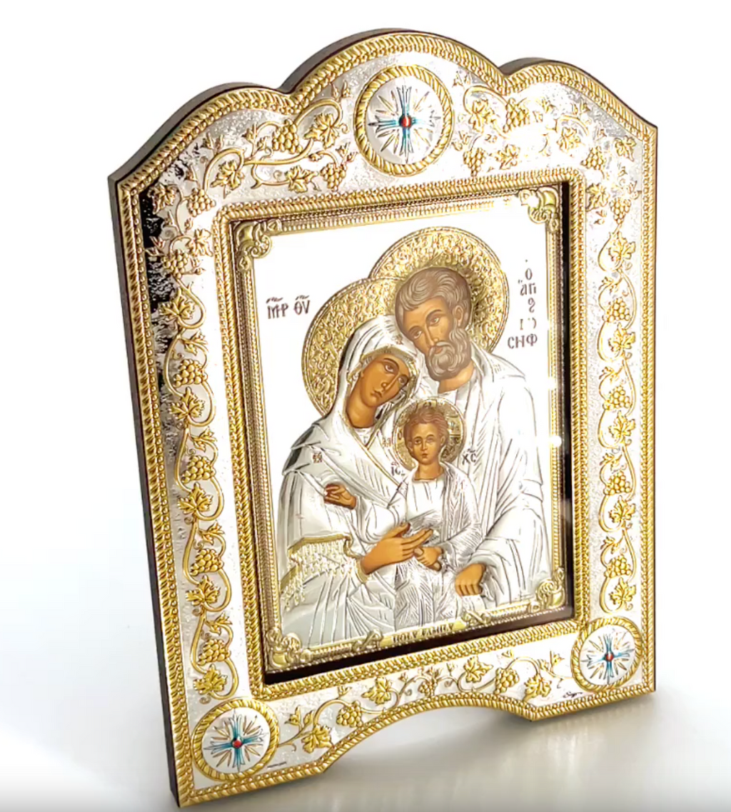 Holy Family Christian icon hand made in Bethlehem, 11 inch side angle of the silver sculpture