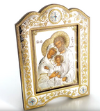 Holy Family Christian icon hand made in Bethlehem, 11 inch side angle of the silver sculpture