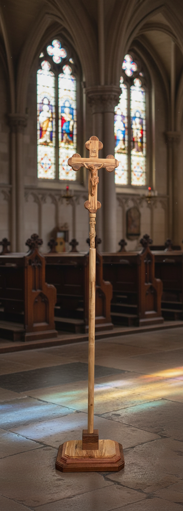 Processional Catholic Church Crucifix, Olive Wood Hand Carved