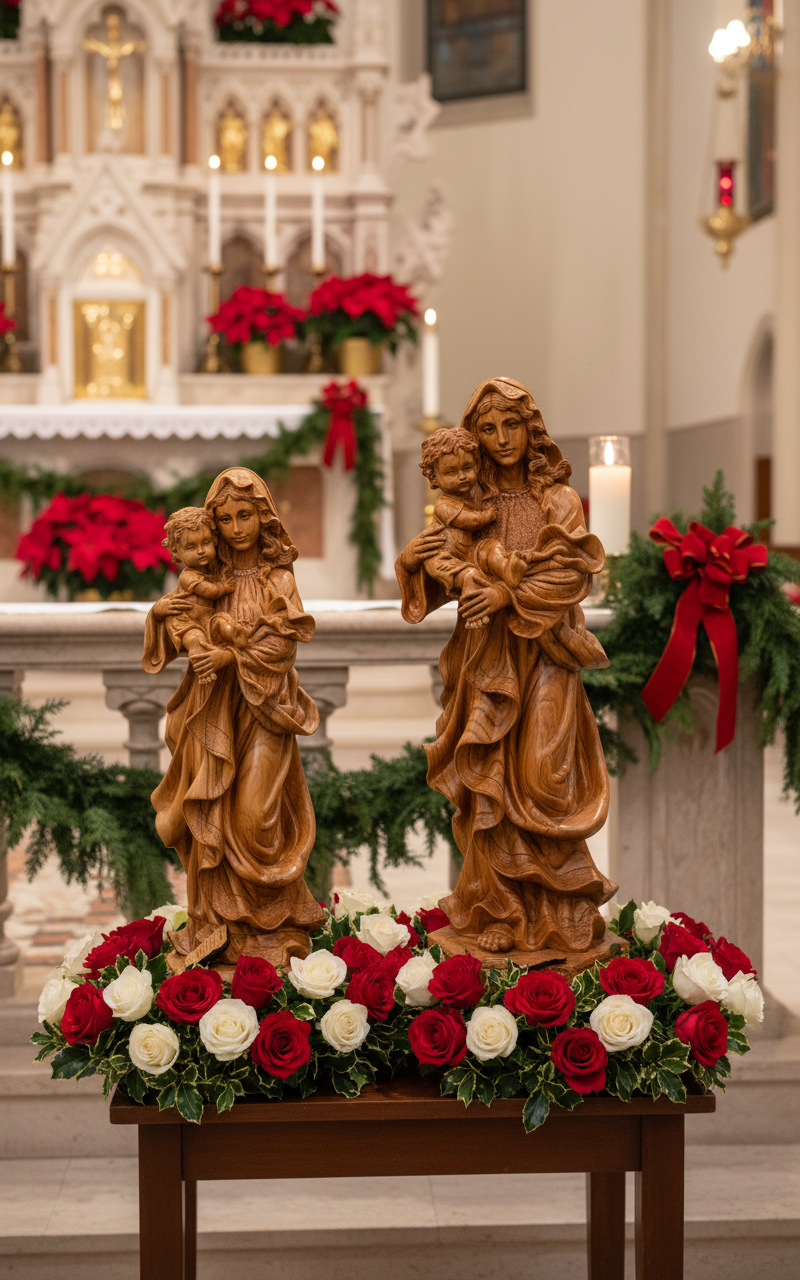 Virgin Mary Holding Baby Jesus Statue, 37" Carved Masterpiece for Church