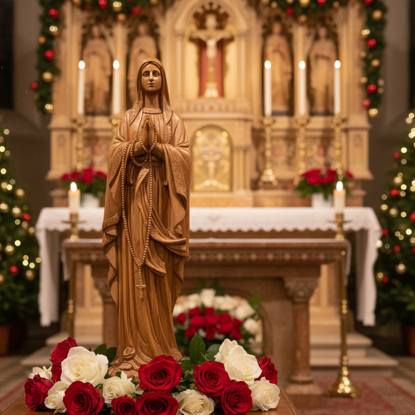 Praying Virgin Mary with a Rosary, 30" Masterpiece Olive Wood Carved Sculpture Catholic Church Art from Holy Land