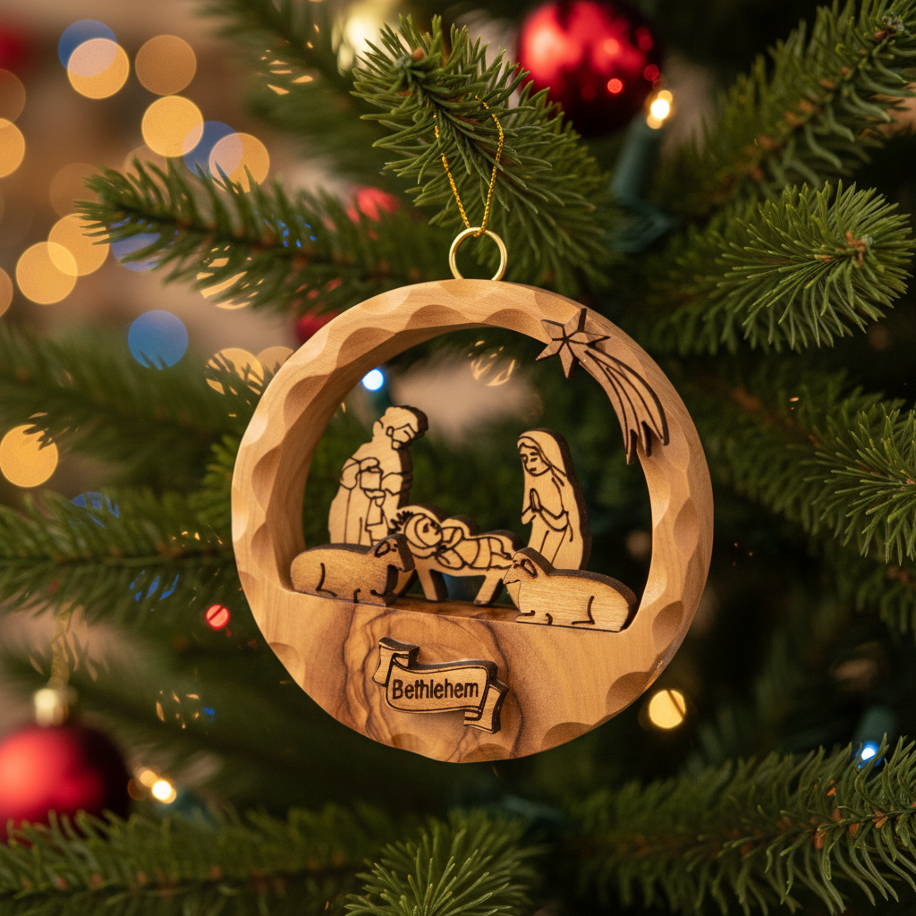 Round Engraved Olive Wood Nativity Scene Ornament