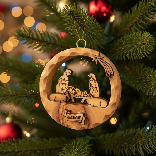 Olive wood nativity scene hand carved in Bethlehem, front view of the olive wood masterpiece