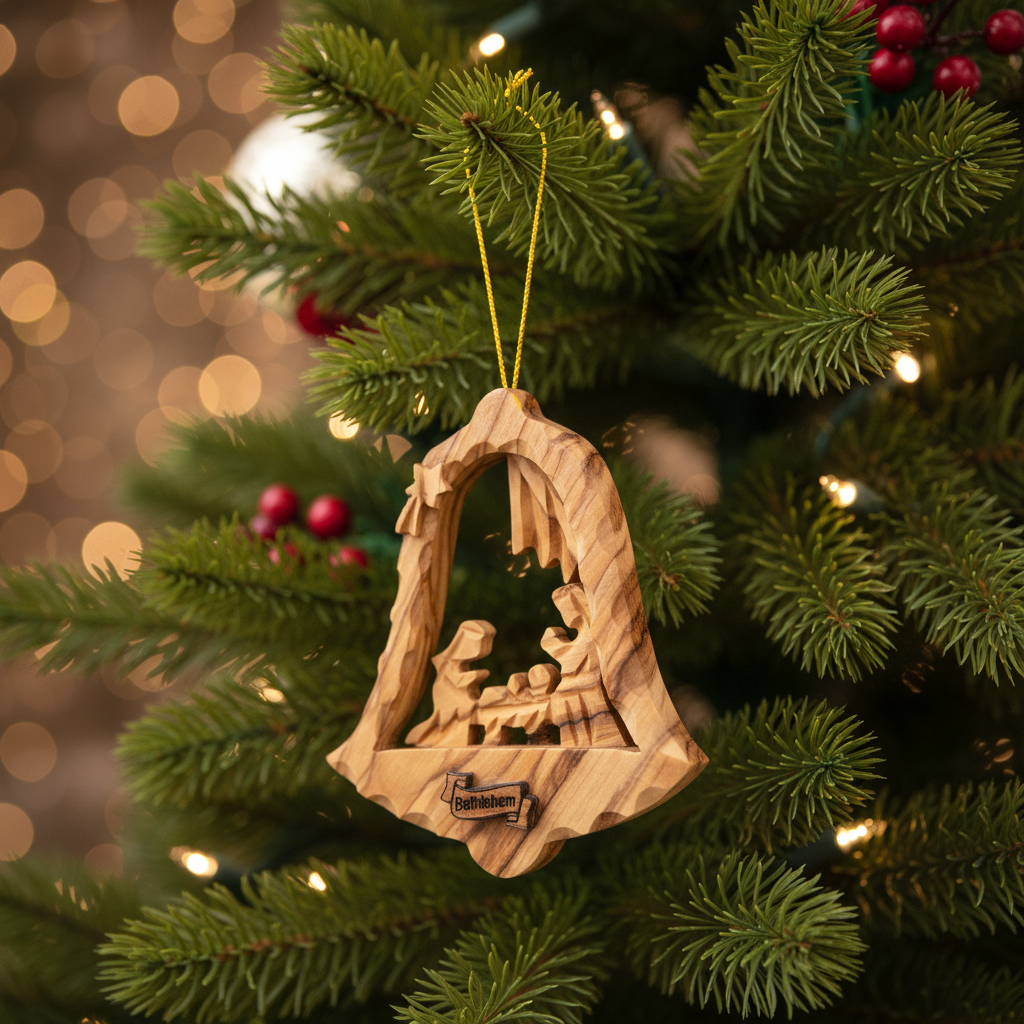 Nativity Scene Bell Ornament Hand Carved Olive Wood from Bethlehem