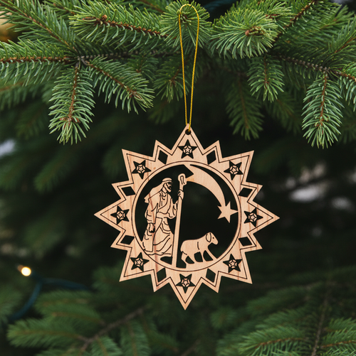 Olive wood Christmas ornament hand carved in Bethlehem, 3 inch front view of the olive wood masterpiece