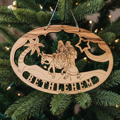Flight into Egypt Christmas Ornament, 4" Olive Wood from Bethlehem,