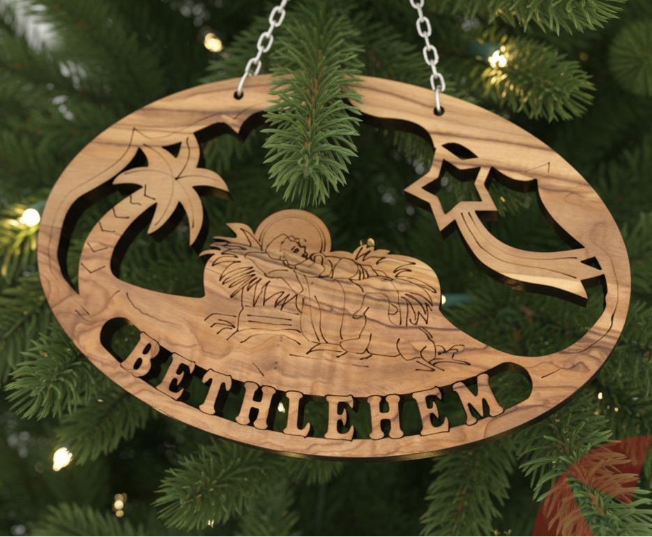 Baby Jesus in the Manger Christmas Ornament , Olive Wood from Bethlehem, 5.9"