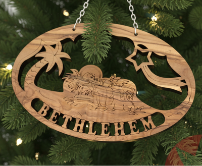 Baby Jesus in the Manger Christmas Ornament , Olive Wood from Bethlehem, 5.9"