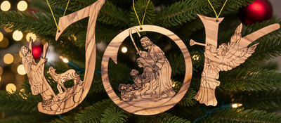"Joy" with Nativity Christmas Ornament , Olive Wood from Bethlehem