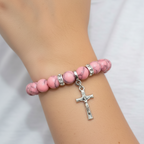 Olive wood rosary hand made in Bethlehem Holy Land, front view of the olive wood masterpiece