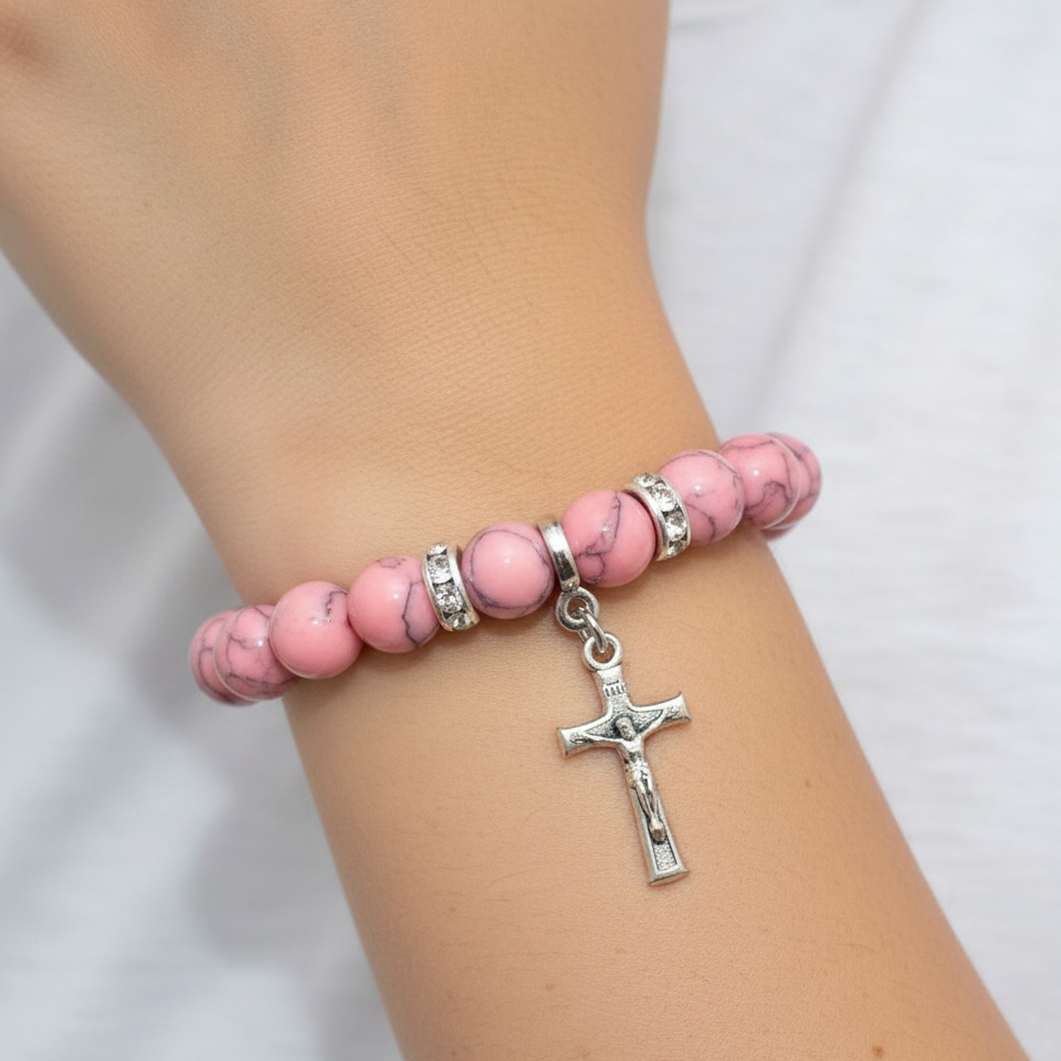 Bracelet Rosary, Coral Pink Stone Beads 8mm