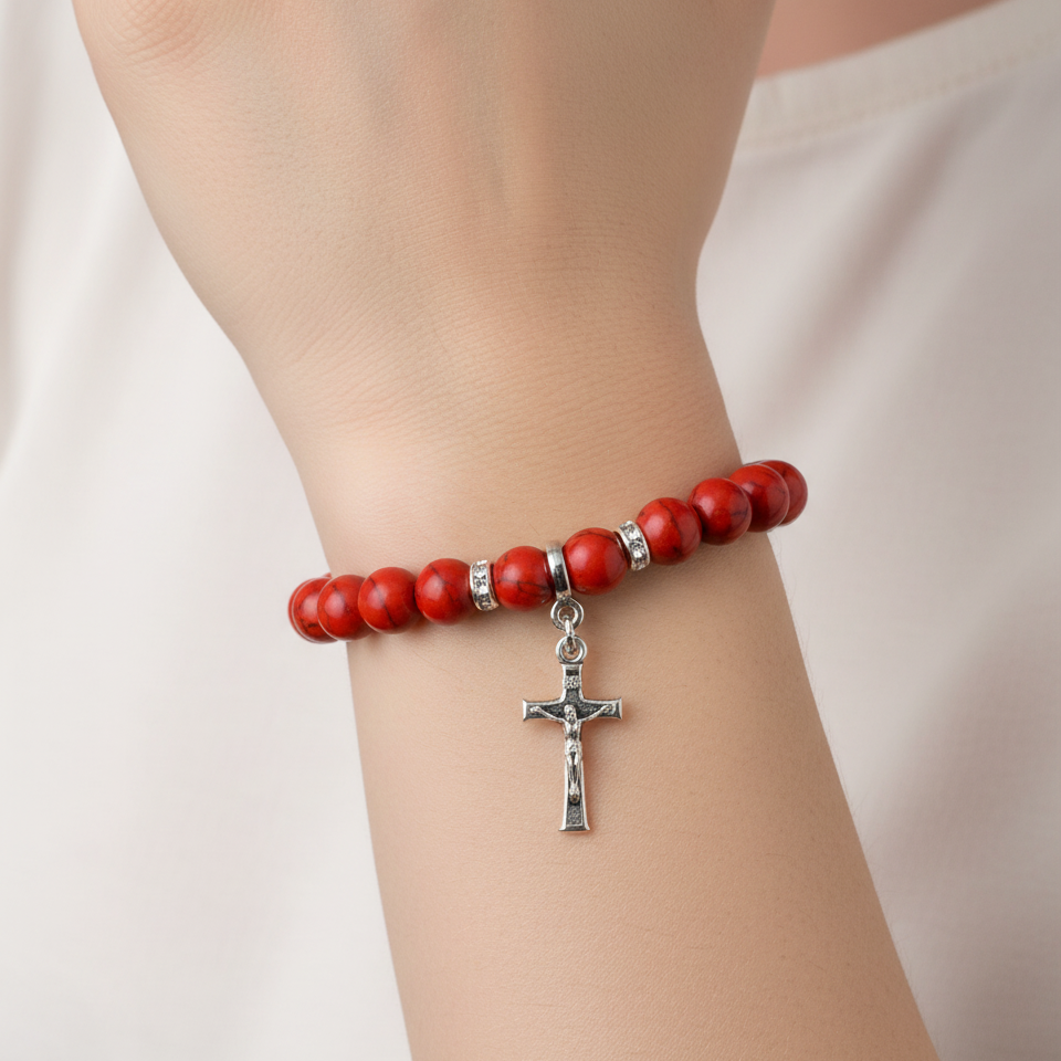 Coral Stone Bracelet Rosary, 8mm Beads with Silver Plated Cross