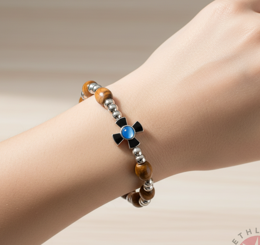 Bracelet with Blue Zircon Birthstones, Wooden Oval 9*6 mm Beads