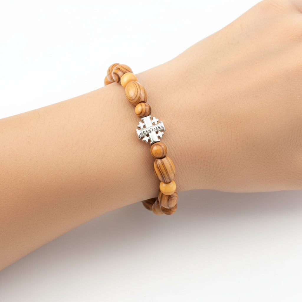 Oval Olive Wood 9*6 mm Beads Bracelet with Jerusalem Cross Pendant