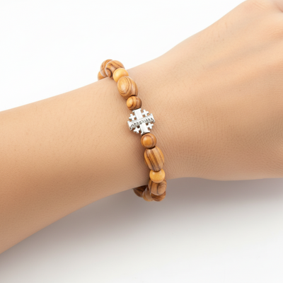 Oval Olive Wood 9*6 mm Beads Bracelet with Jerusalem Cross Pendant