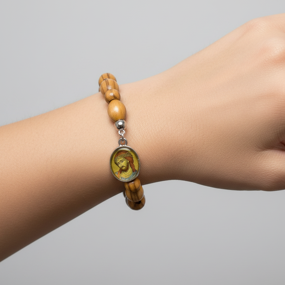 Olive wood rosary hand made in Bethlehem Holy Land, front view of the olive wood masterpiece