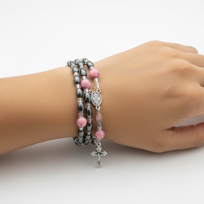 Hematite Bracelet Prayer Beaded BraceletBracelet Rosary with 4 Silver Plated Pendants, Coral Stone Beads