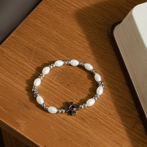 Mother of Pearl Bracelet 8 x 6mm Beads (Garnet Crystal Stone)