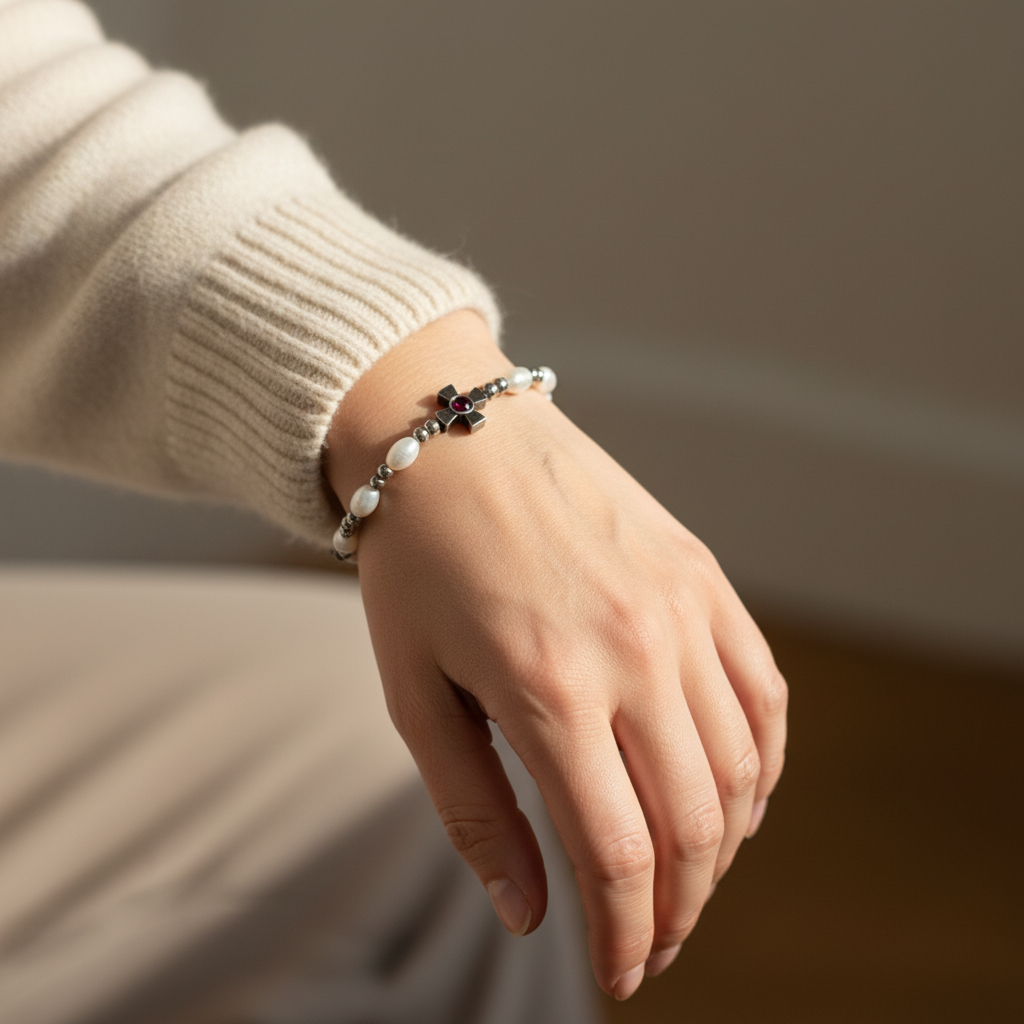 Mother of Pearl Bracelet with Garnet Crystal, 8x6mm Beads