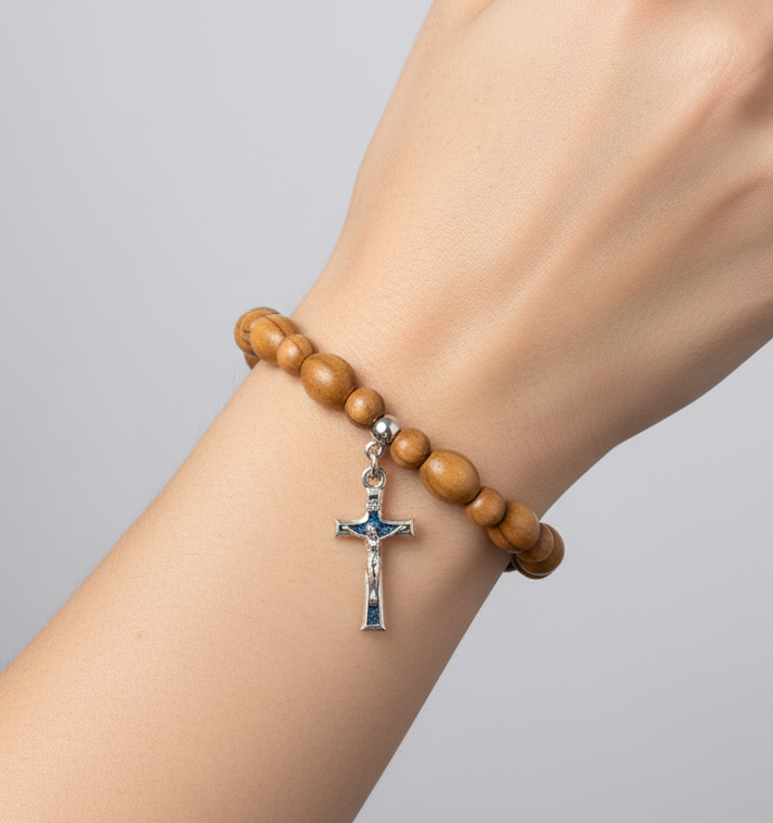 Oval Olive Wood 9*6 mm Beads Bracelet with Crucifix Pendant