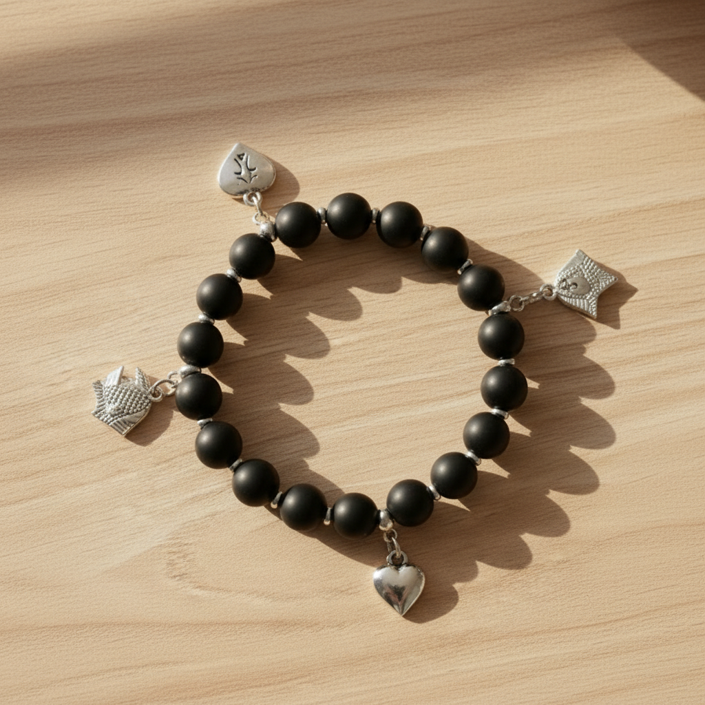 Onyx Black Stone Bracelet Rosary with 4 Silver Plated Pendants