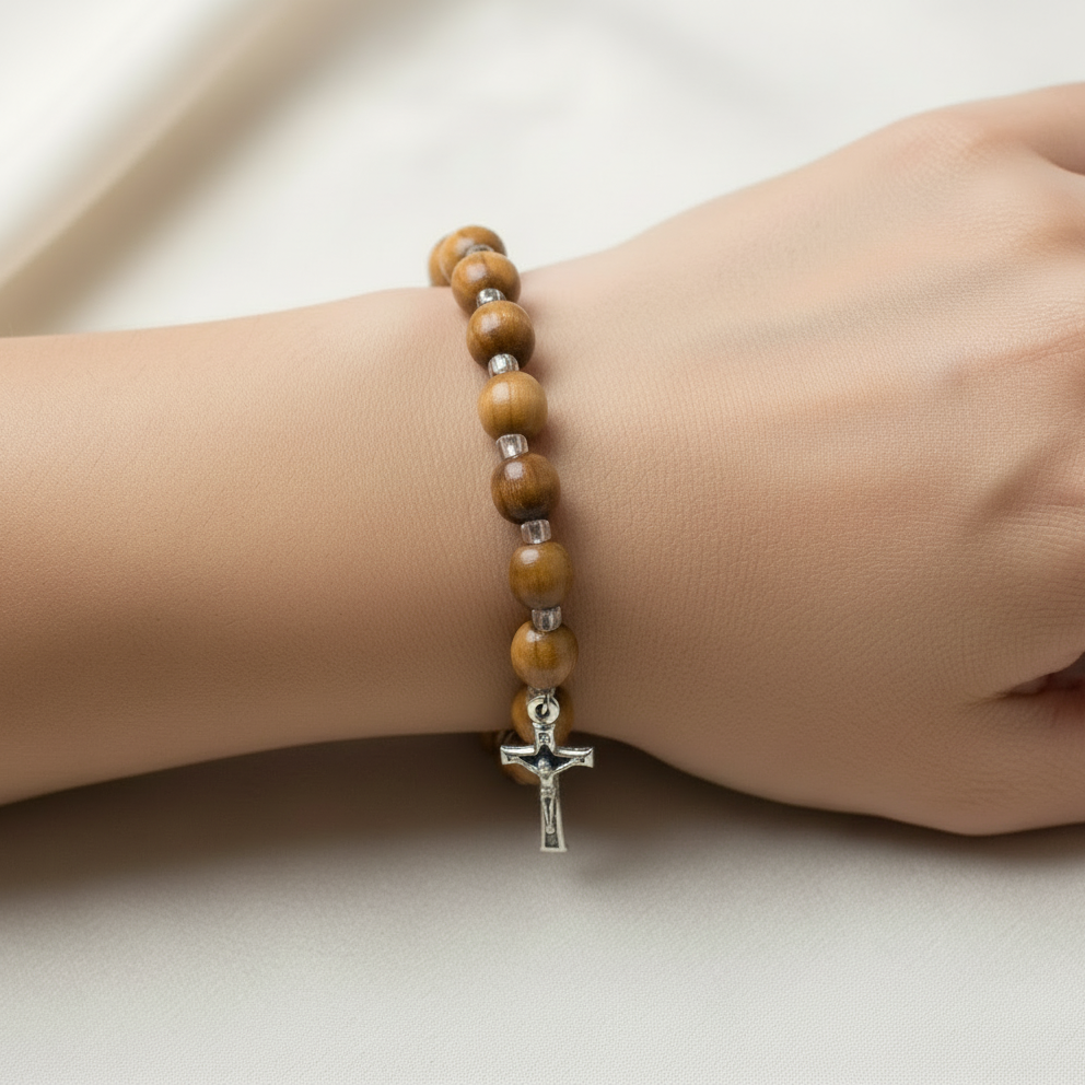 Olive Wood 6mm Beads Bracelet with Crucifix Pendant