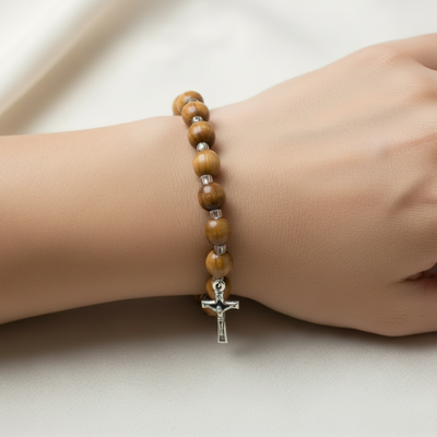 Olive Wood 6mm Beads Bracelet with Crucifix Pendant
