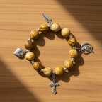 Bracelet w/ 4 Silver Plated Pendants, Wood 10mm Round Beads