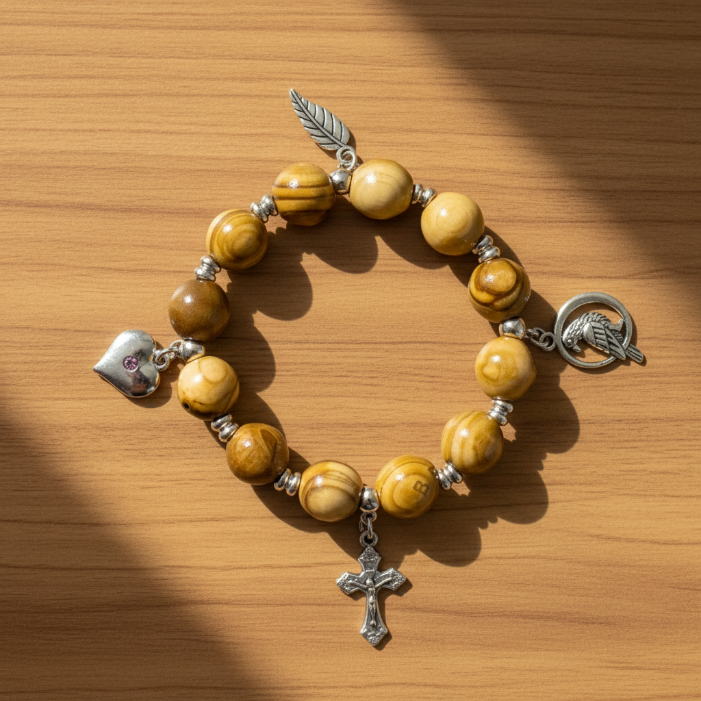 Bracelet w/ 4 Silver Plated Pendants, Wood 10mm Round Beads