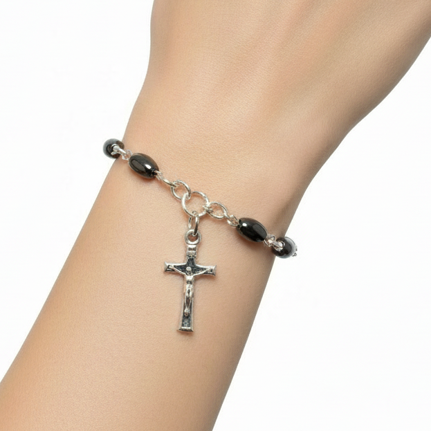Bracelet with Latin Cross Pendant, Hematite Stone 8x 5mm