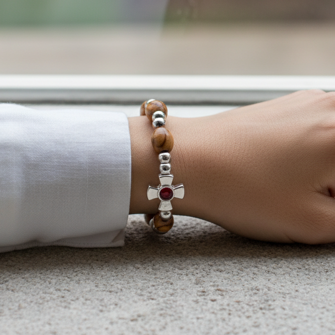Bracelet with Garnet Birthstones, Olive Wood Oval 9*6 mm Beads